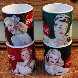 4 Vtg COCA COLA Cups Coffee MUGS - GIBSON - 40's PIN-UP GIRL REFRESHING